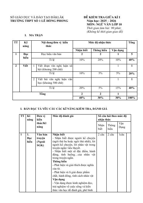 Đề thi Giữa kì 1 Ngữ văn 10 năm 2025-2026 trường THPT Số 1 Lê Hồng Phong (Đắk Lắk)